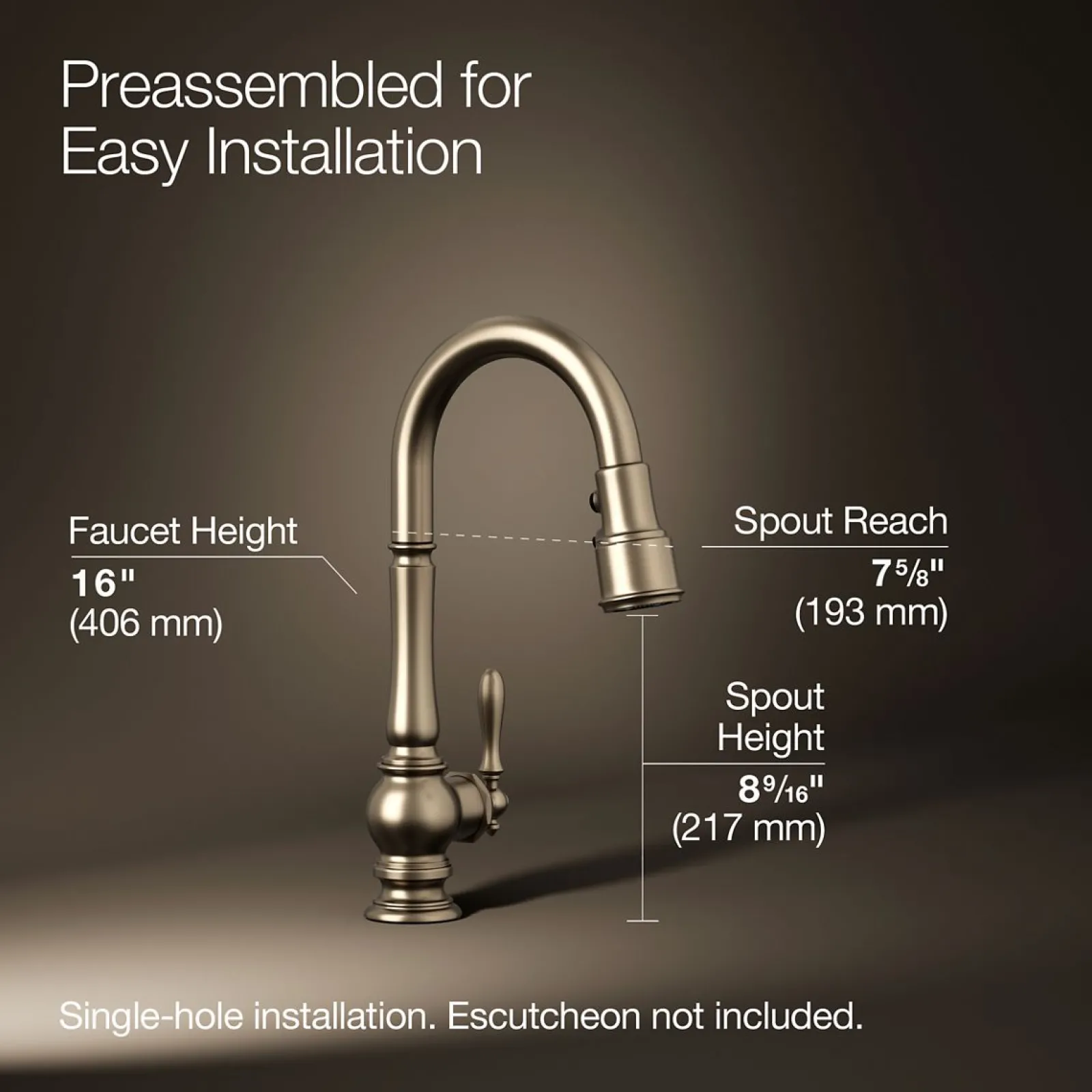 Pull-down kitchen sink faucet with three-function sprayhead^Kohler