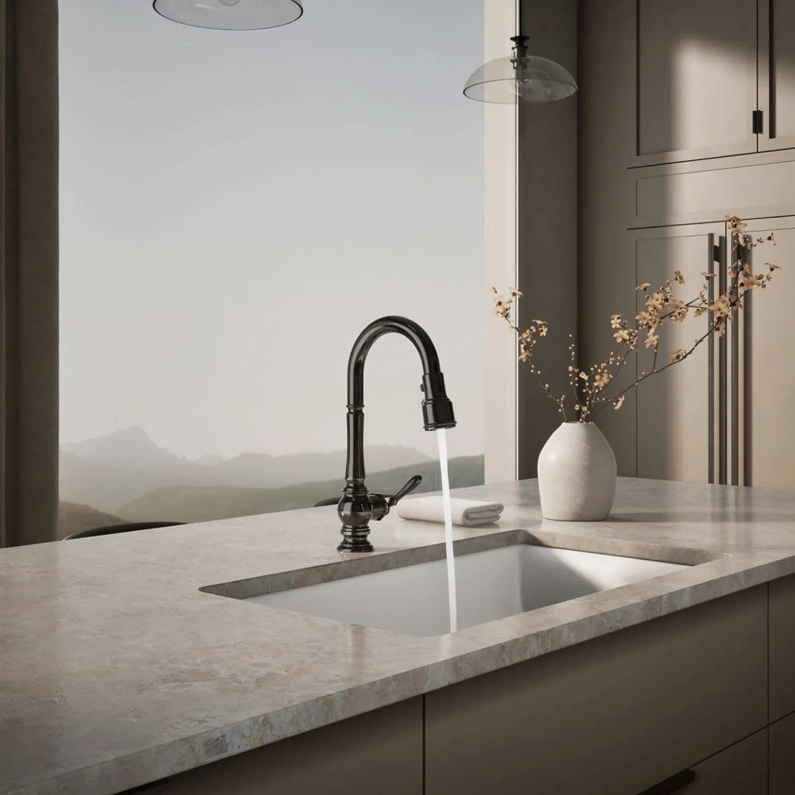 Pull-down kitchen sink faucet with three-function sprayhead^Kohler