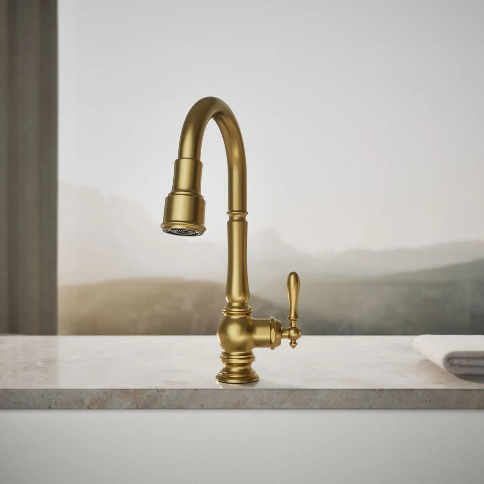 Pull-down kitchen sink faucet with three-function sprayhead^Kohler