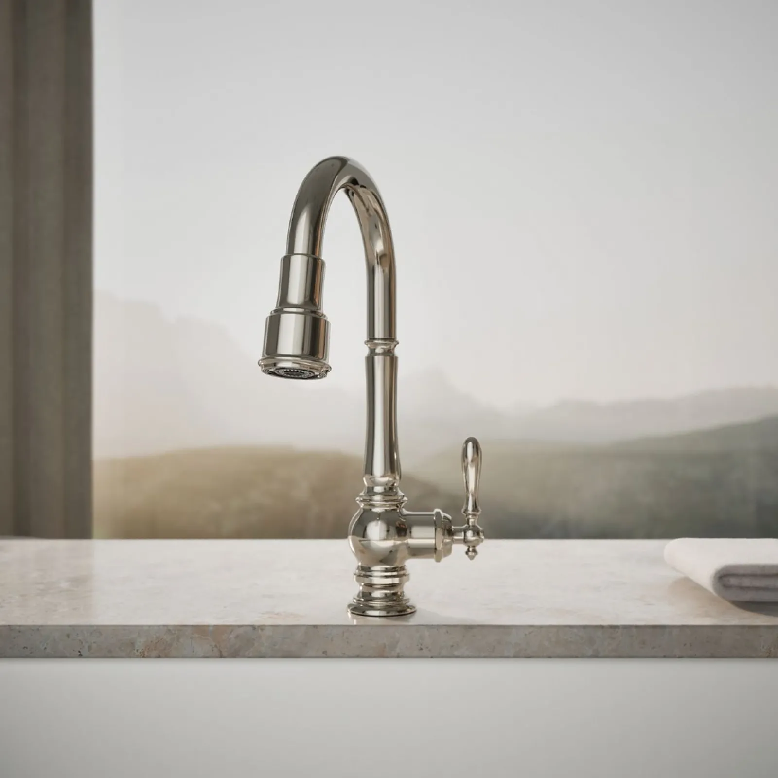 Pull-down kitchen sink faucet with three-function sprayhead^Kohler
