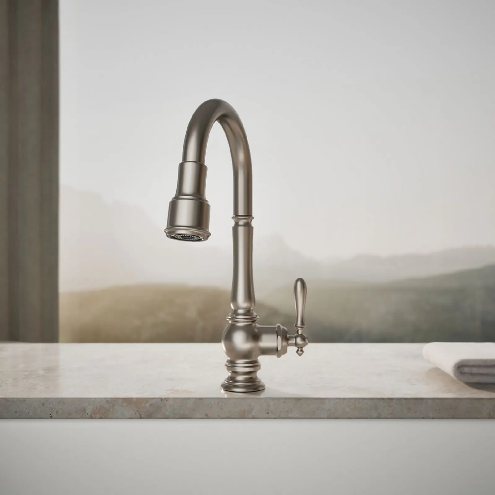 Pull-down kitchen sink faucet with three-function sprayhead^Kohler