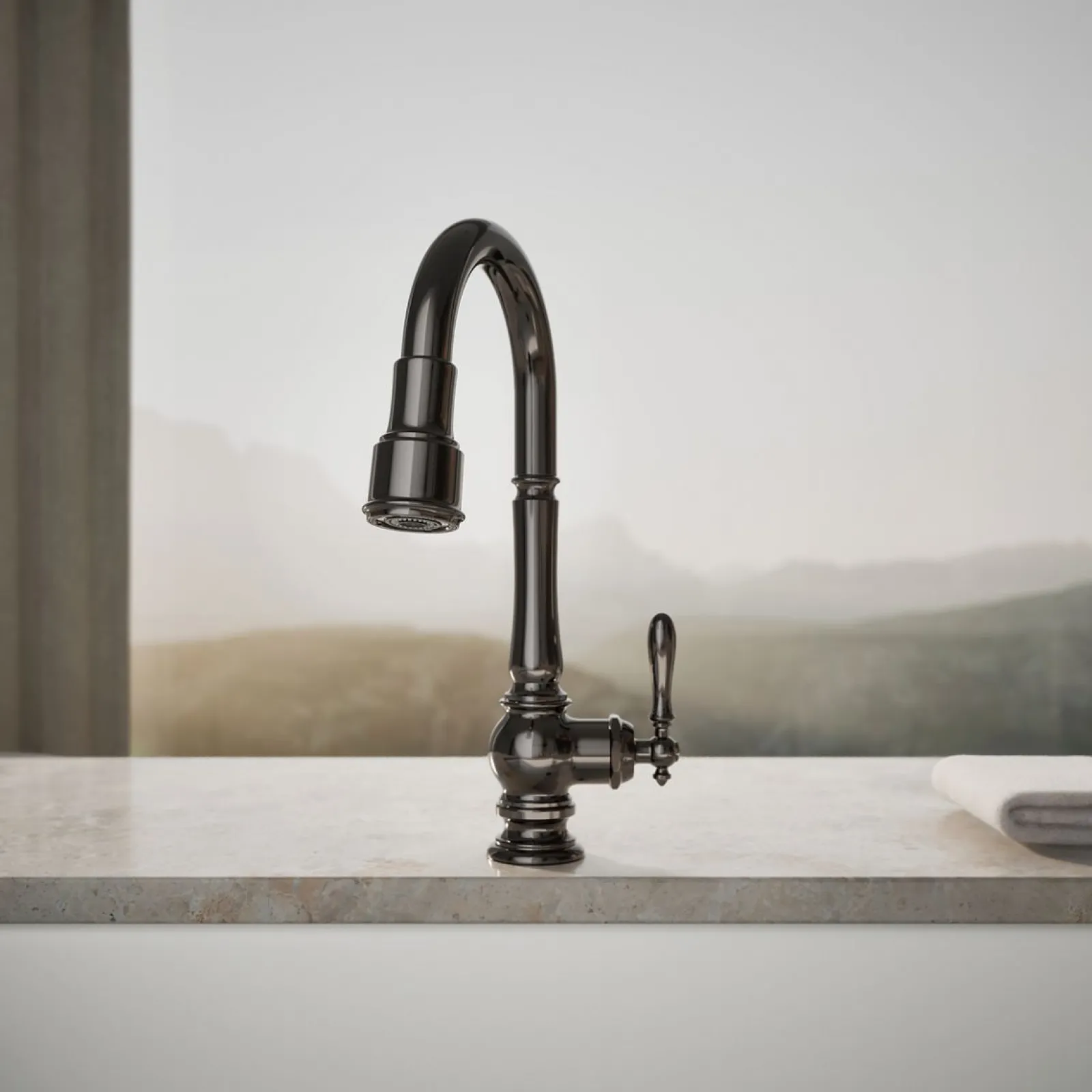 Pull-down kitchen sink faucet with three-function sprayhead^Kohler