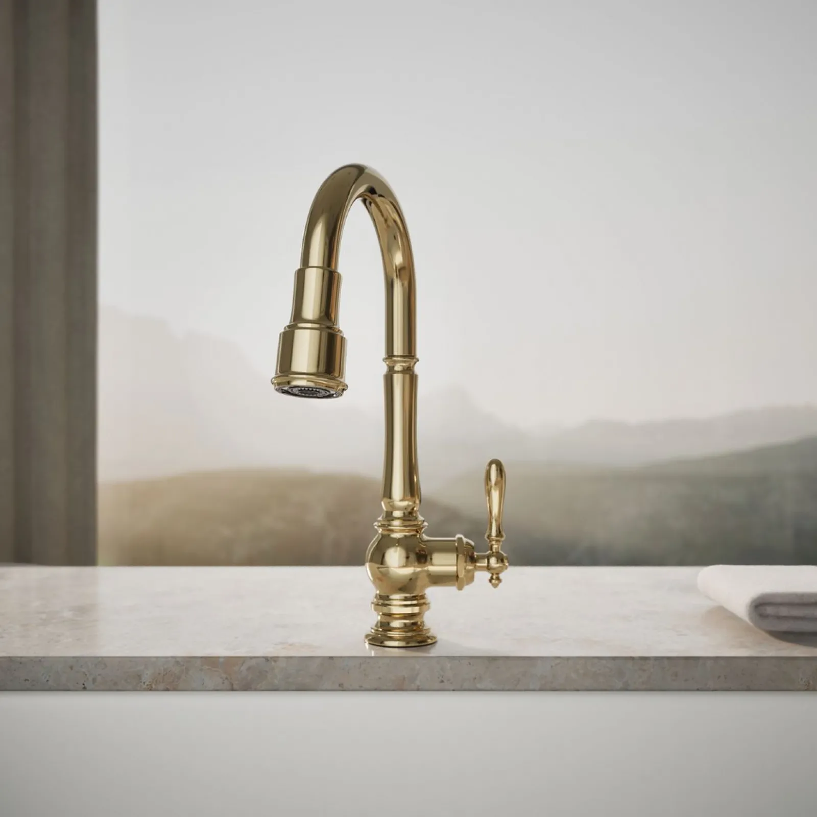 Pull-down kitchen sink faucet with three-function sprayhead^Kohler