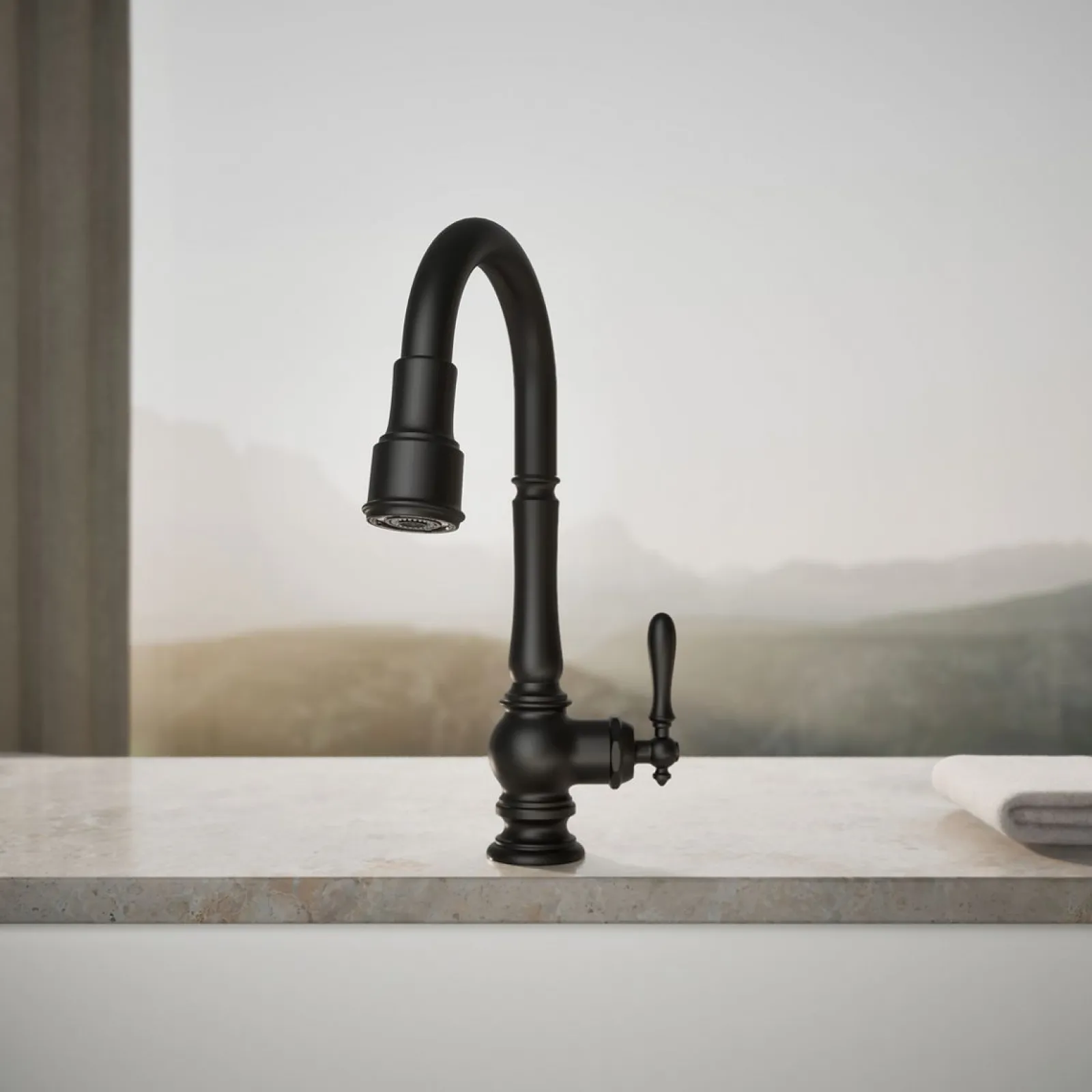Pull-down kitchen sink faucet with three-function sprayhead^Kohler