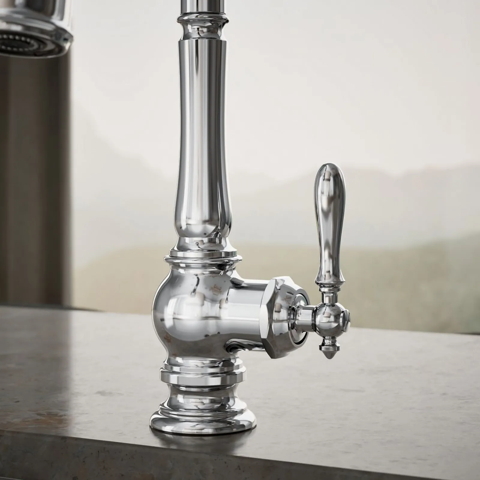 Pull-down kitchen sink faucet with three-function sprayhead^Kohler