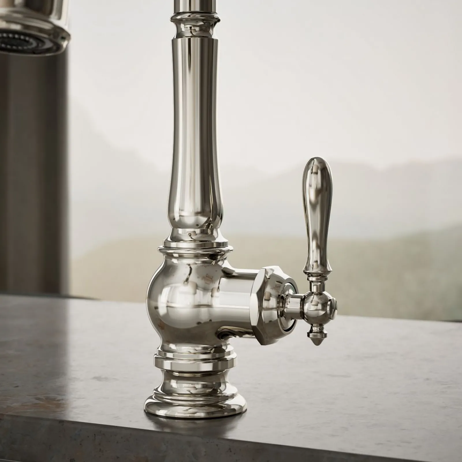 Pull-down kitchen sink faucet with three-function sprayhead^Kohler