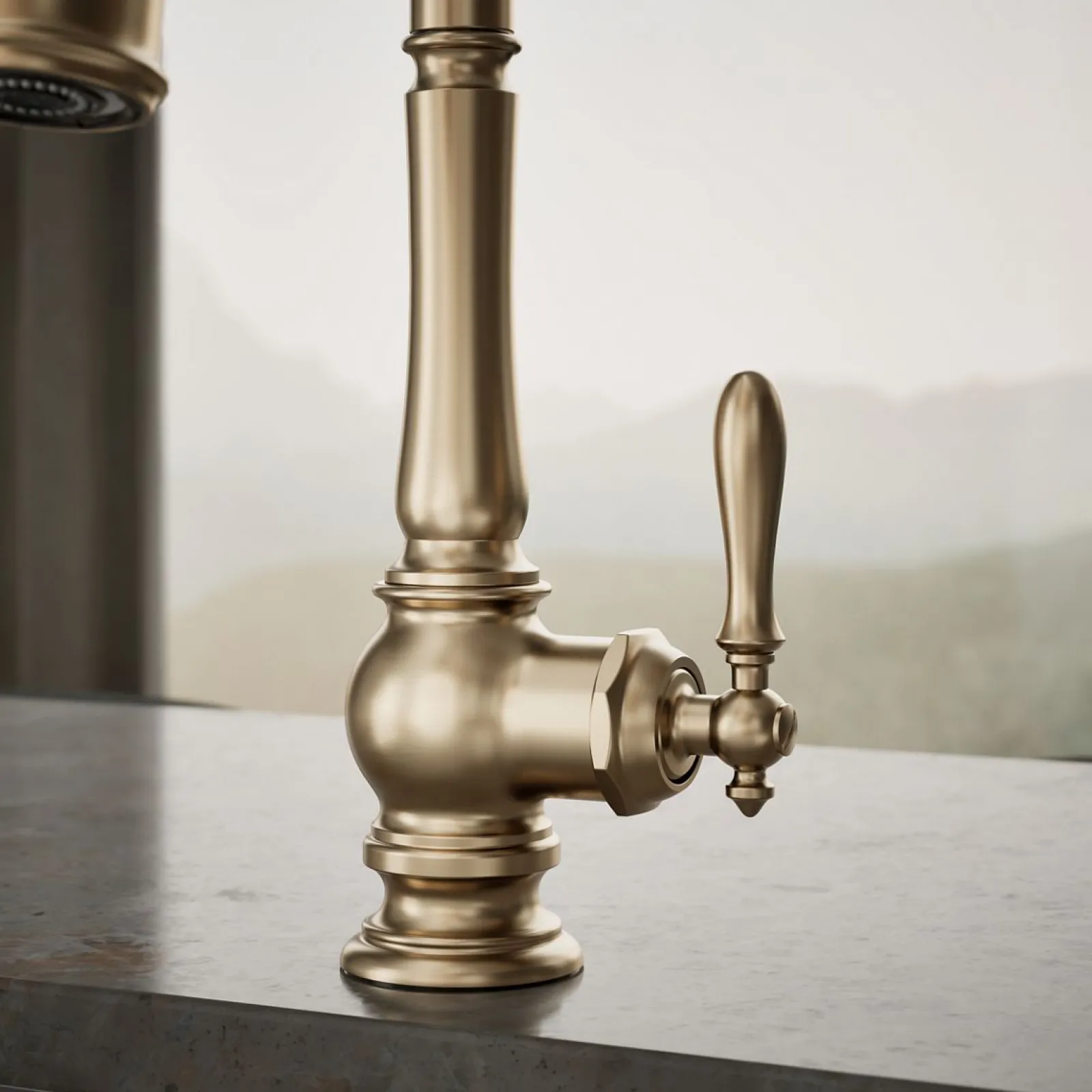 Pull-down kitchen sink faucet with three-function sprayhead^Kohler