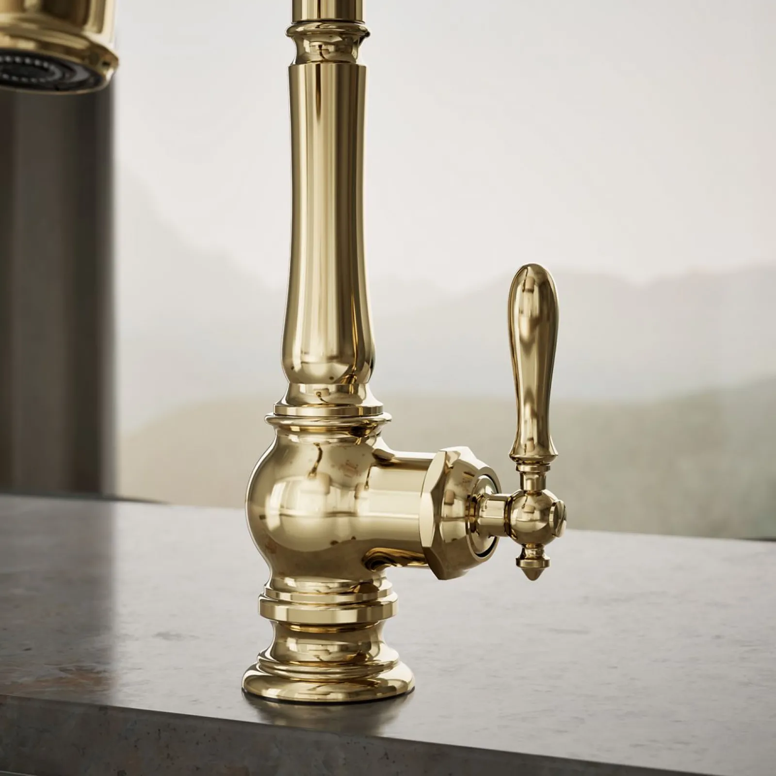 Pull-down kitchen sink faucet with three-function sprayhead^Kohler