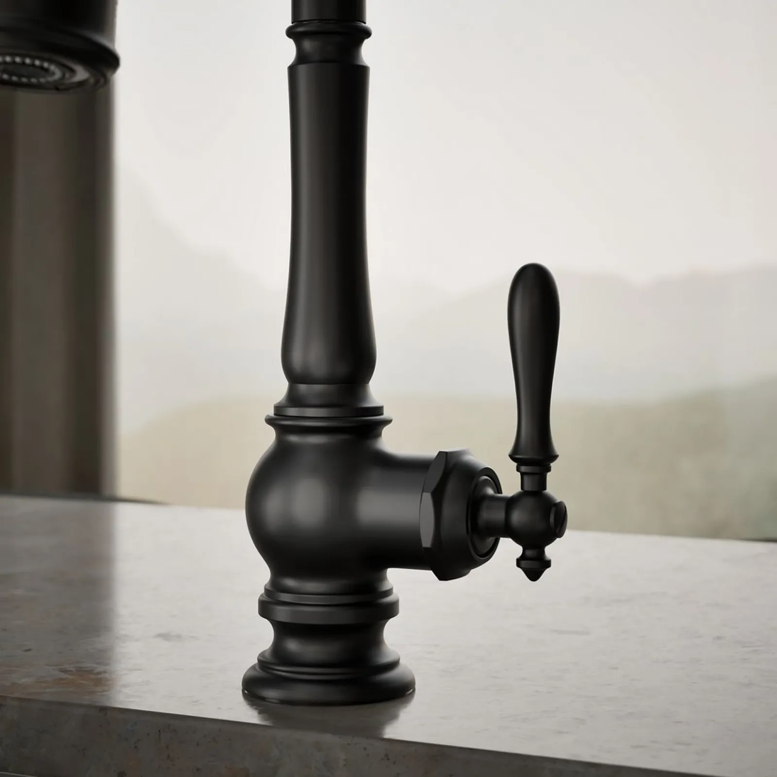 Pull-down kitchen sink faucet with three-function sprayhead^Kohler