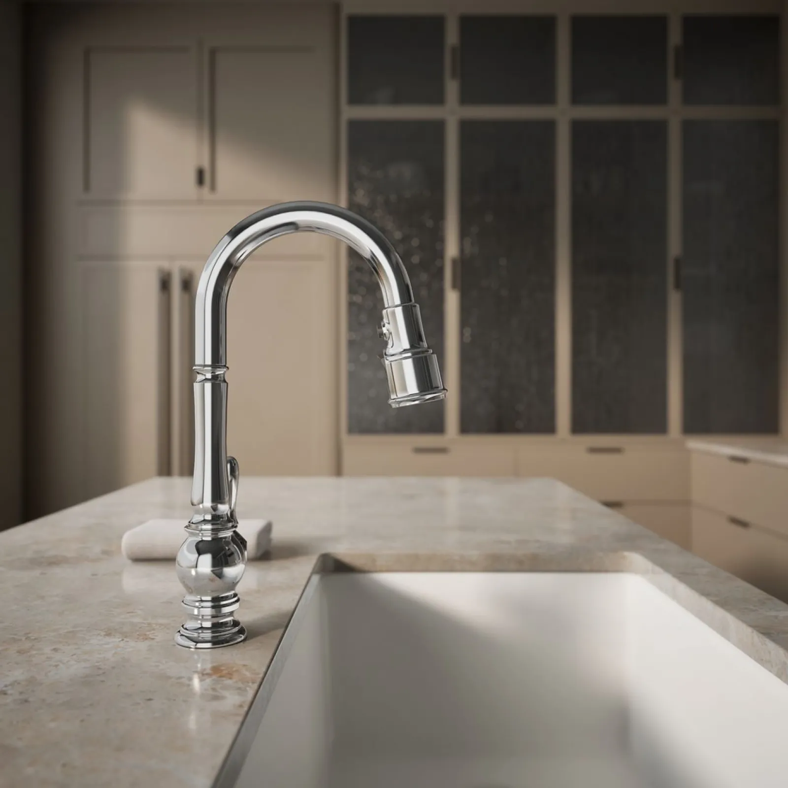 Pull-down kitchen sink faucet with three-function sprayhead^Kohler