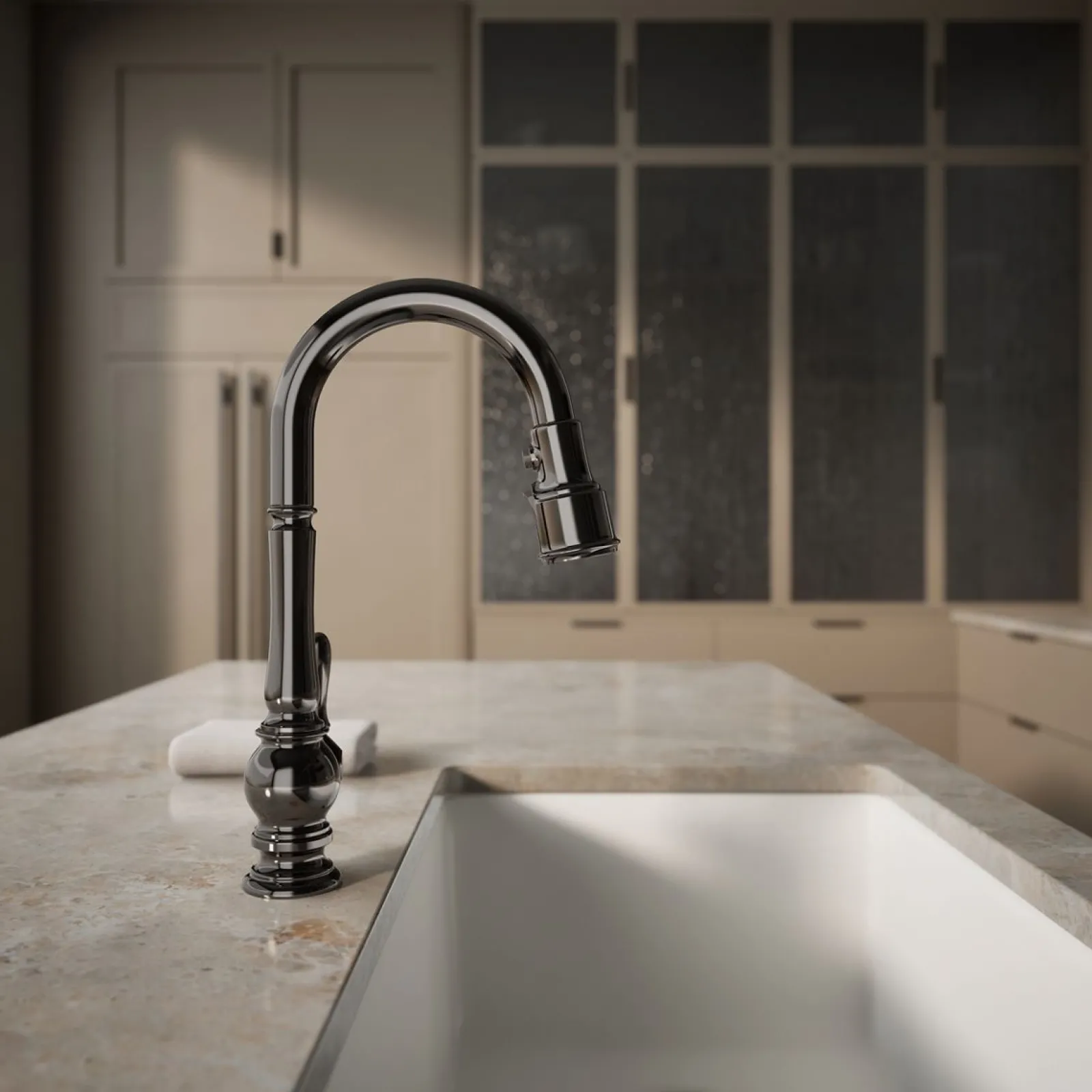 Pull-down kitchen sink faucet with three-function sprayhead^Kohler