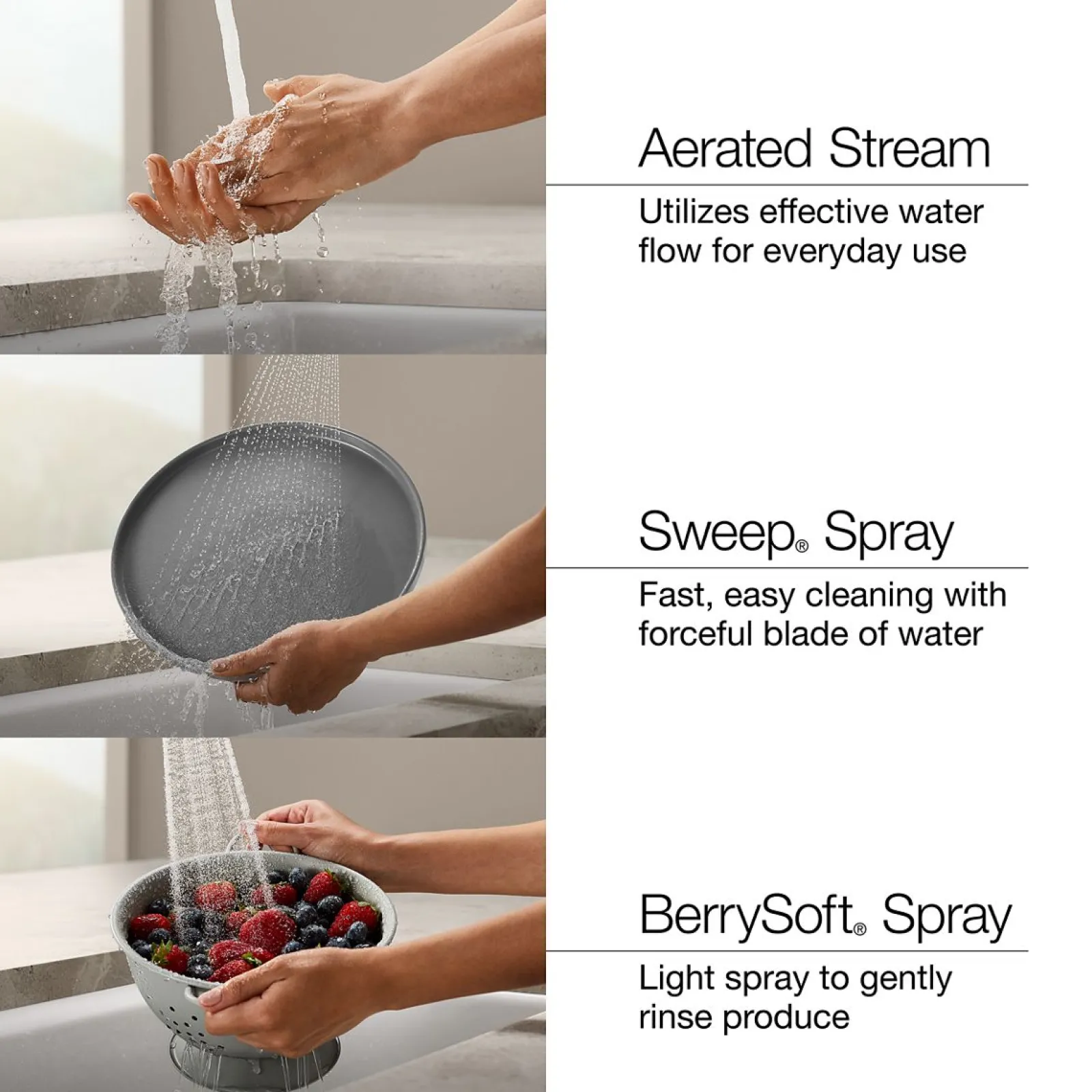Pull-down kitchen sink faucet with three-function sprayhead^Kohler