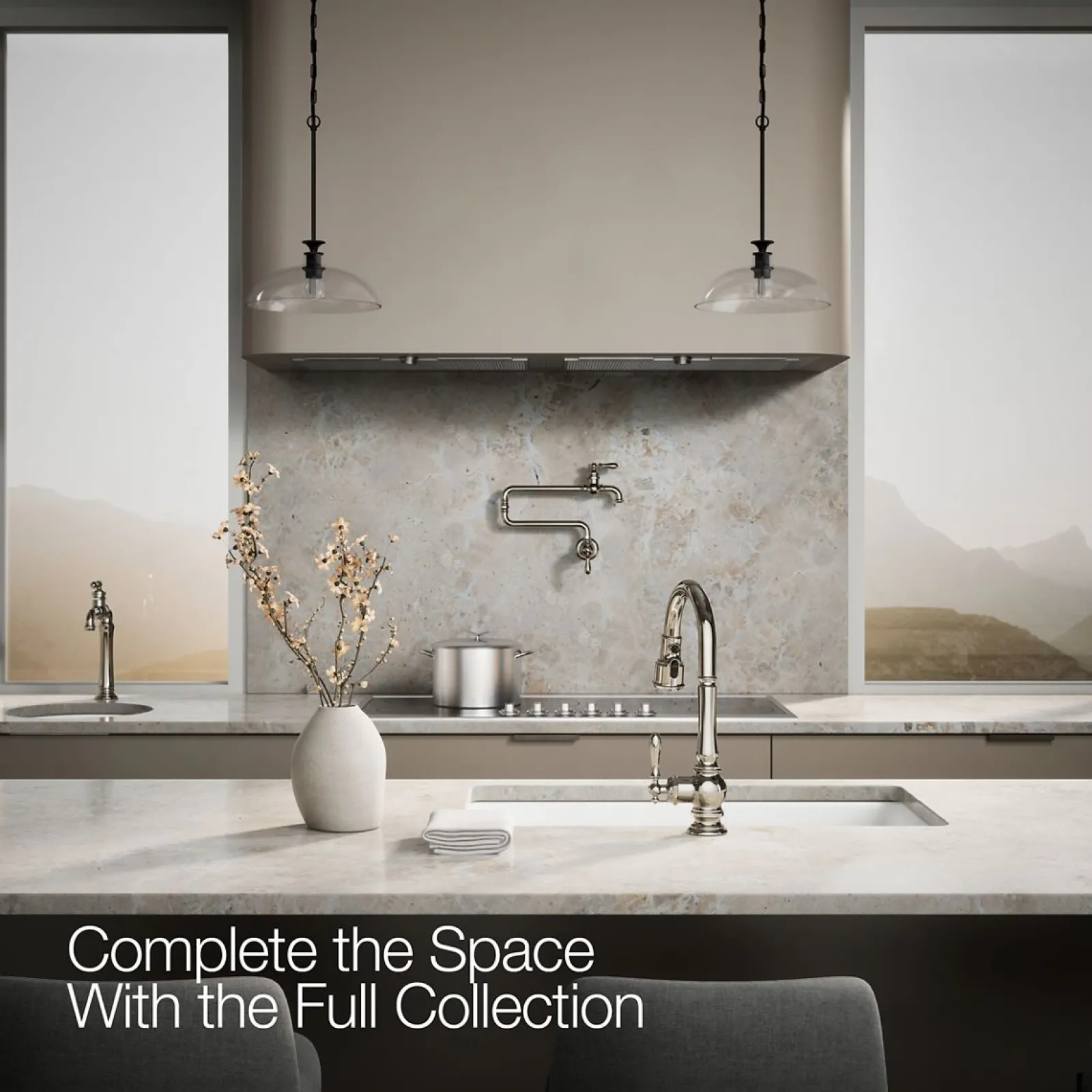 Pull-down kitchen sink faucet with three-function sprayhead^Kohler