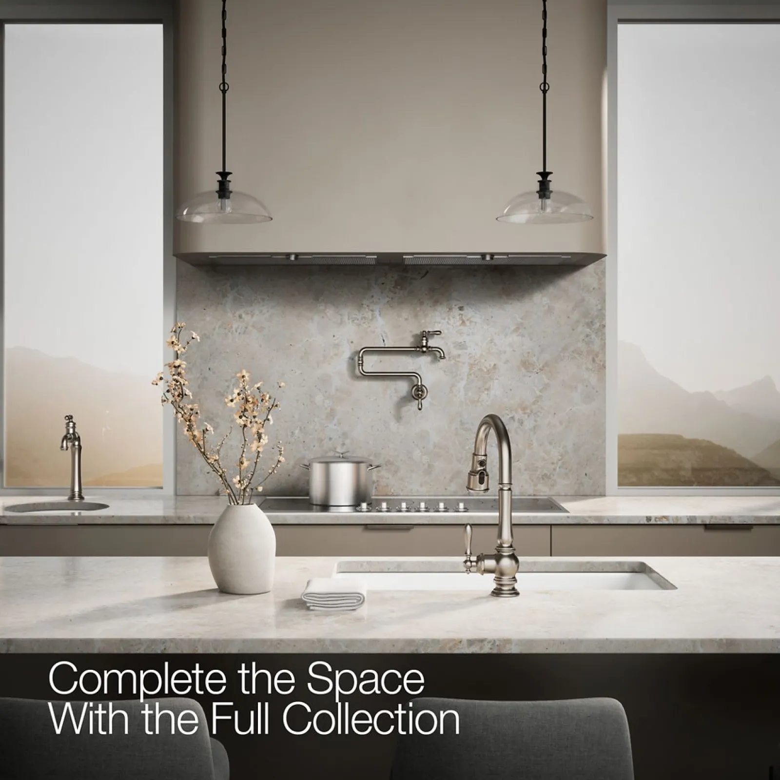 Pull-down kitchen sink faucet with three-function sprayhead^Kohler