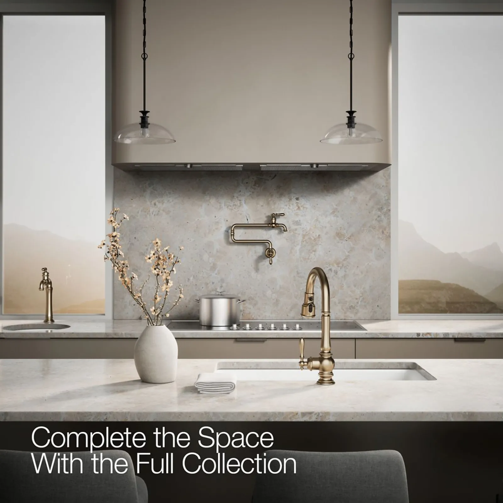 Pull-down kitchen sink faucet with three-function sprayhead^Kohler