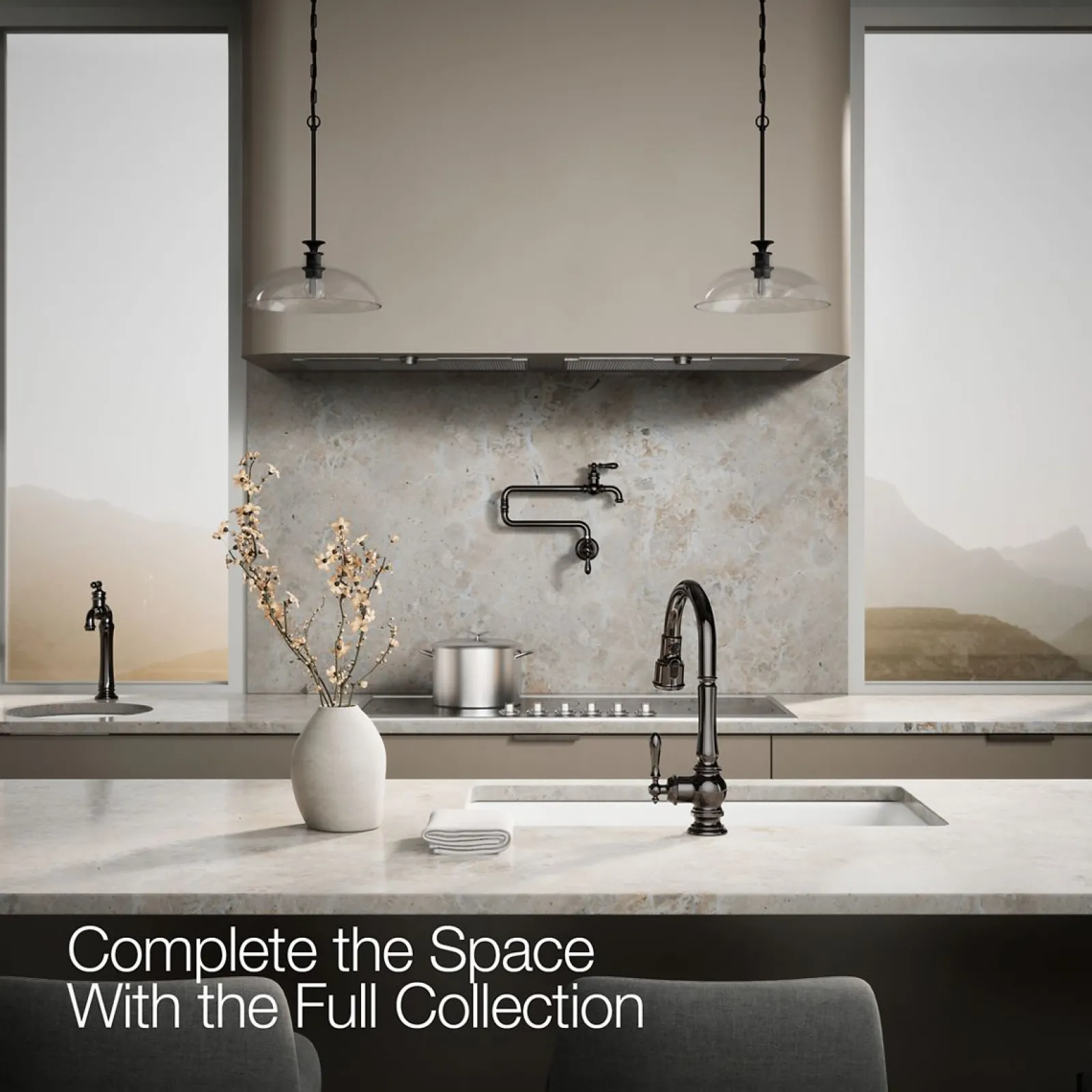 Pull-down kitchen sink faucet with three-function sprayhead^Kohler