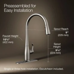 Pull-down kitchen sink faucet with three-function sprayhead^Kohler Clearance