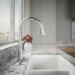 Pull-down kitchen sink faucet with three-function sprayhead^Kohler Clearance