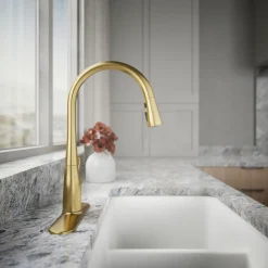 Pull-down kitchen sink faucet with three-function sprayhead^Kohler Clearance