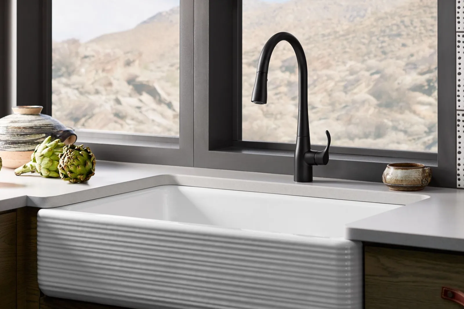 Pull-down kitchen sink faucet with three-function sprayhead^Kohler Clearance