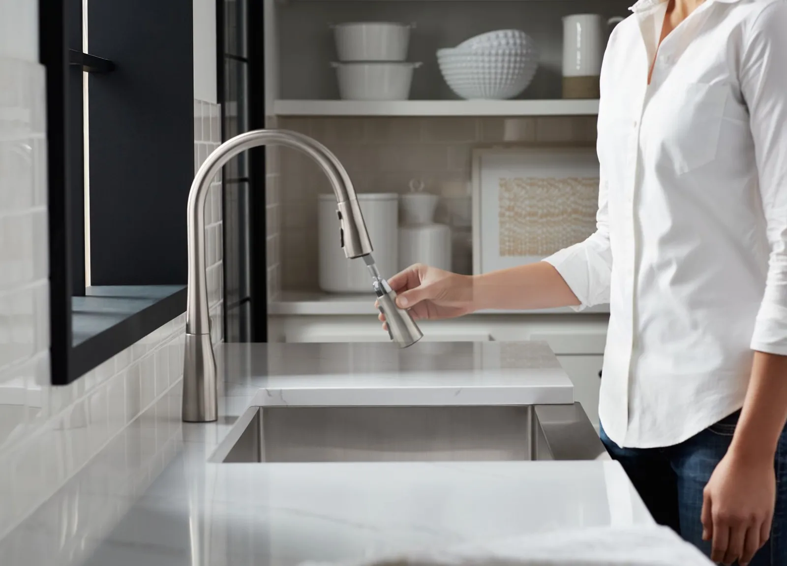 Pull-down kitchen sink faucet with three-function sprayhead^Kohler Clearance