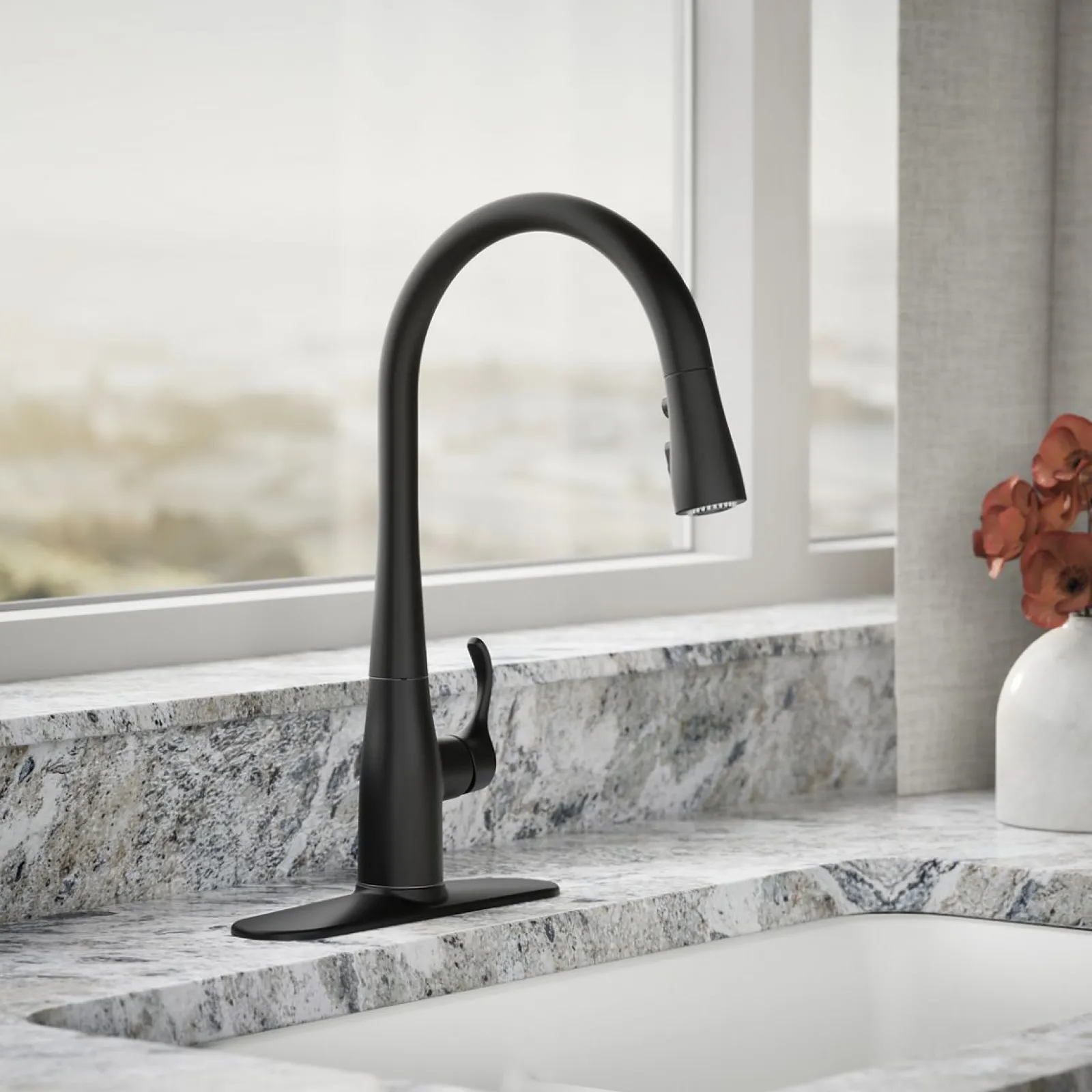 Pull-down kitchen sink faucet with three-function sprayhead^Kohler Clearance