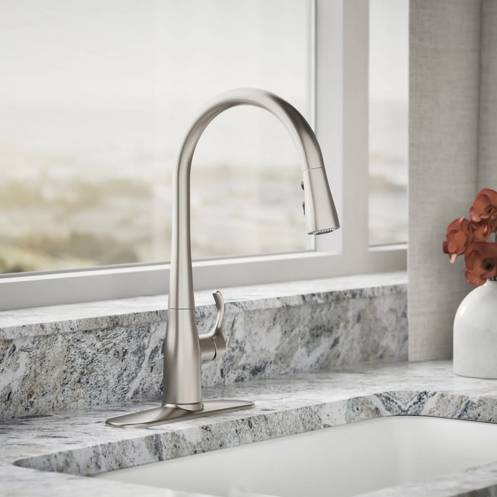 Pull-down kitchen sink faucet with three-function sprayhead^Kohler Clearance