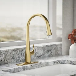 Pull-down kitchen sink faucet with three-function sprayhead^Kohler Clearance