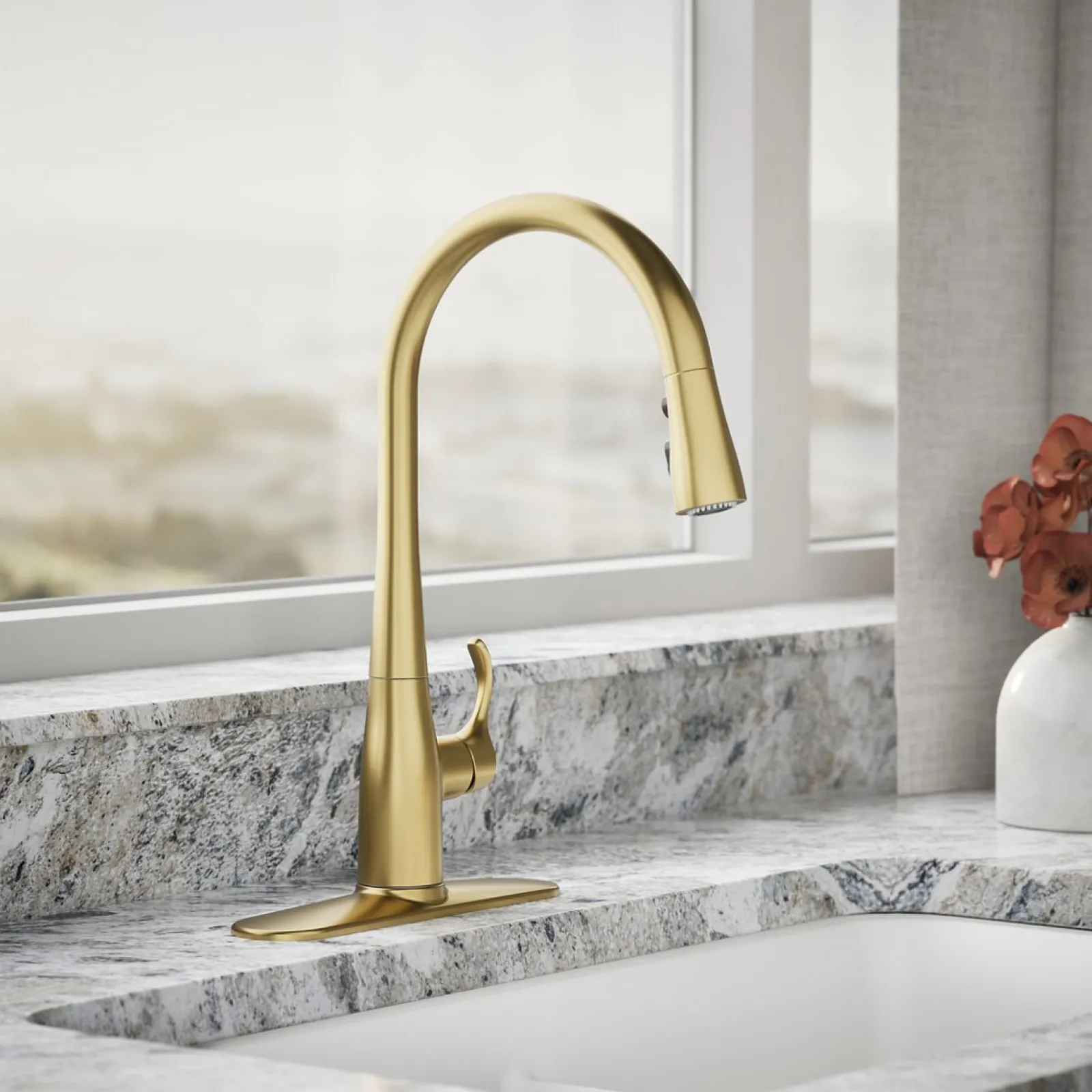 Pull-down kitchen sink faucet with three-function sprayhead^Kohler Clearance