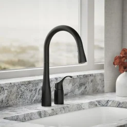 Pull-down kitchen sink faucet with three-function sprayhead^Kohler New