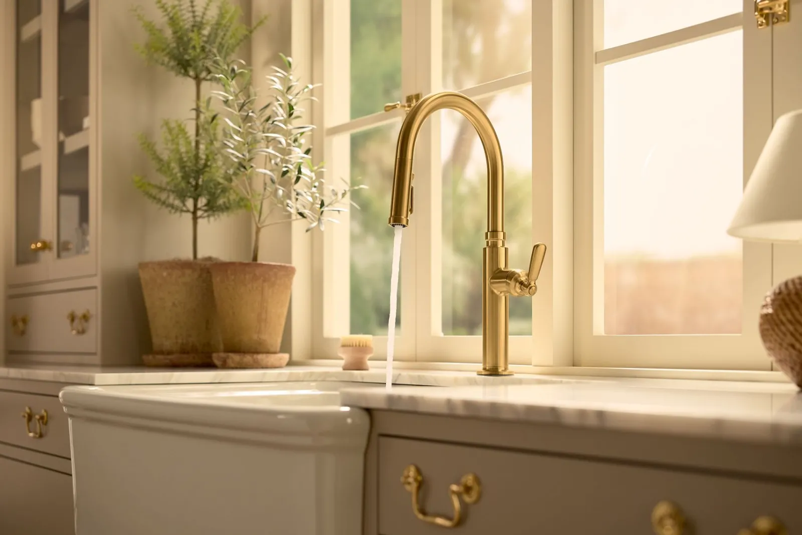Pull-down kitchen sink faucet with three-function sprayhead^Kohler