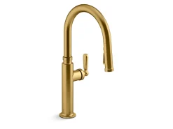 Pull-down kitchen sink faucet with three-function sprayhead^Kohler