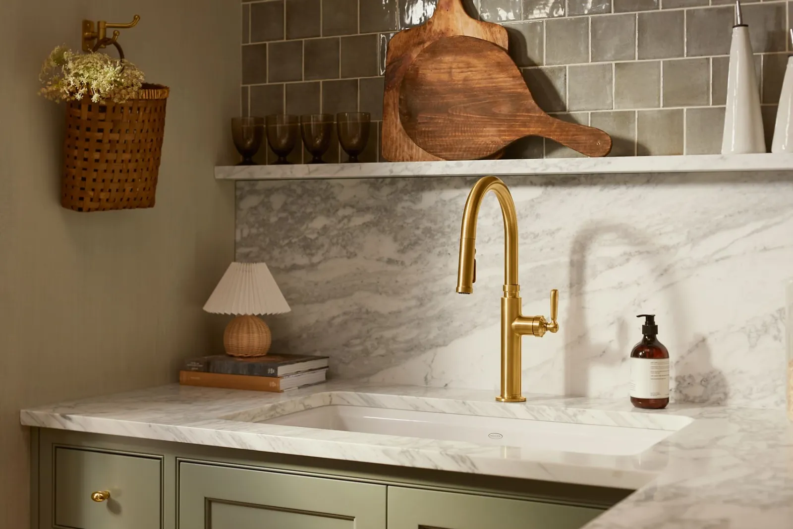 Pull-down kitchen sink faucet with three-function sprayhead^Kohler