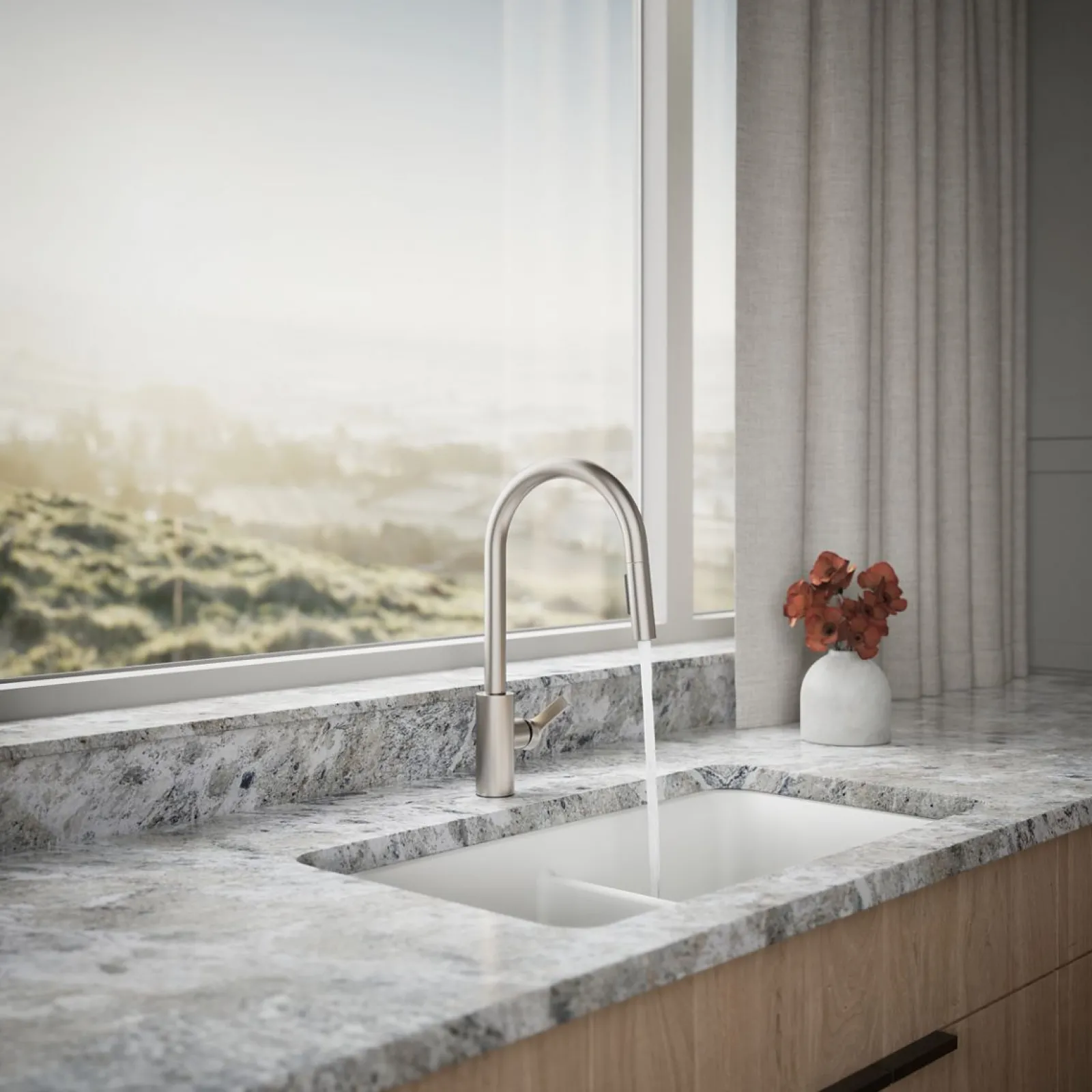 Pull-down kitchen sink faucet with two-function sprayhead^Kohler