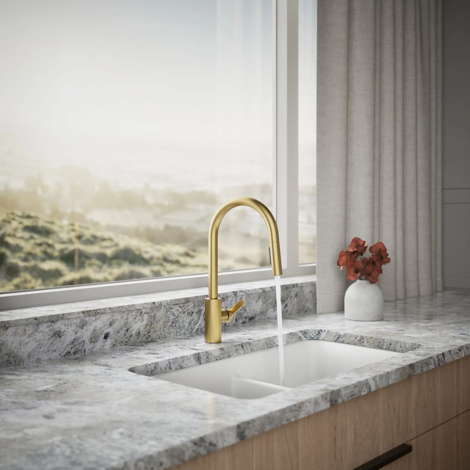 Pull-down kitchen sink faucet with two-function sprayhead^Kohler