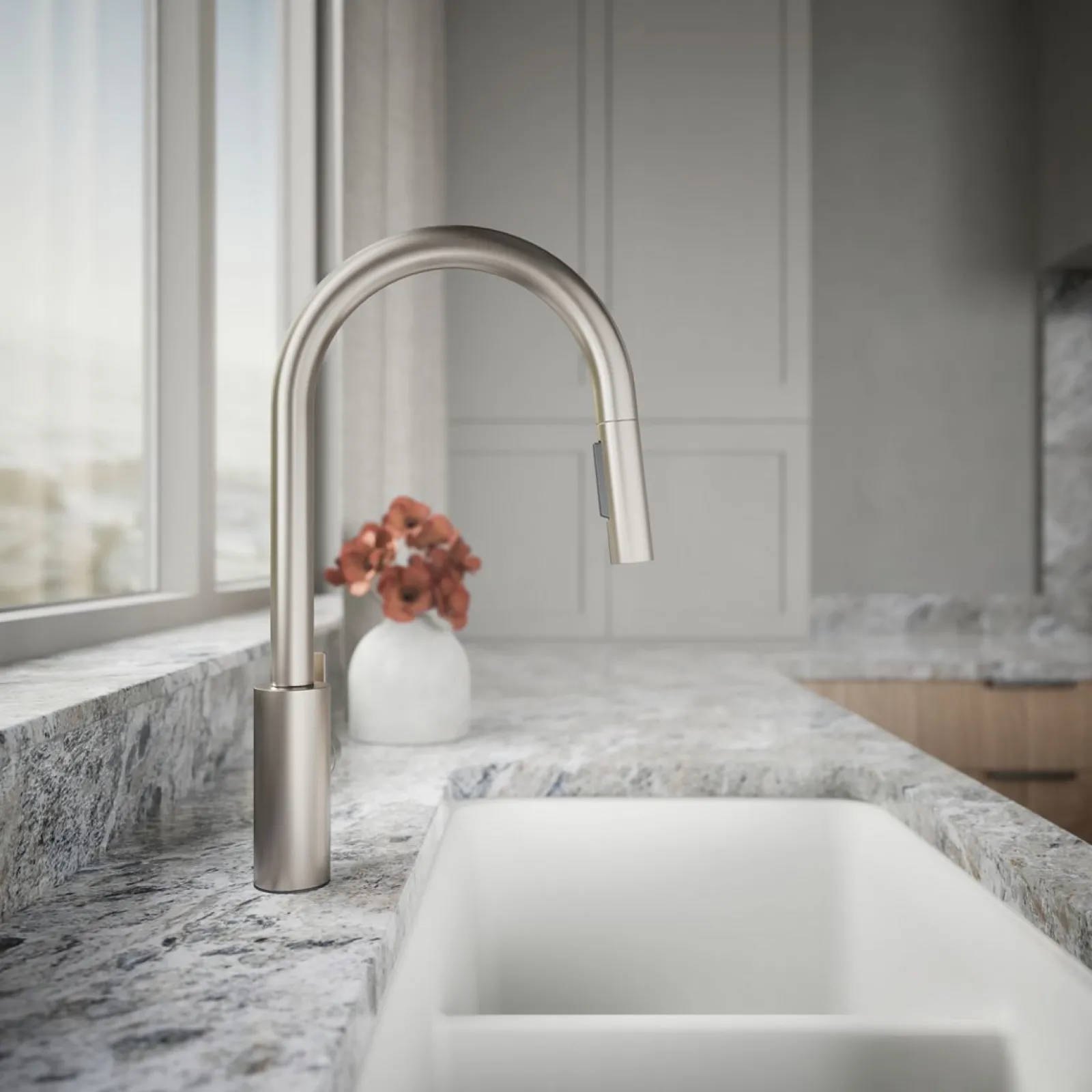 Pull-down kitchen sink faucet with two-function sprayhead^Kohler