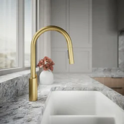 Pull-down kitchen sink faucet with two-function sprayhead^Kohler