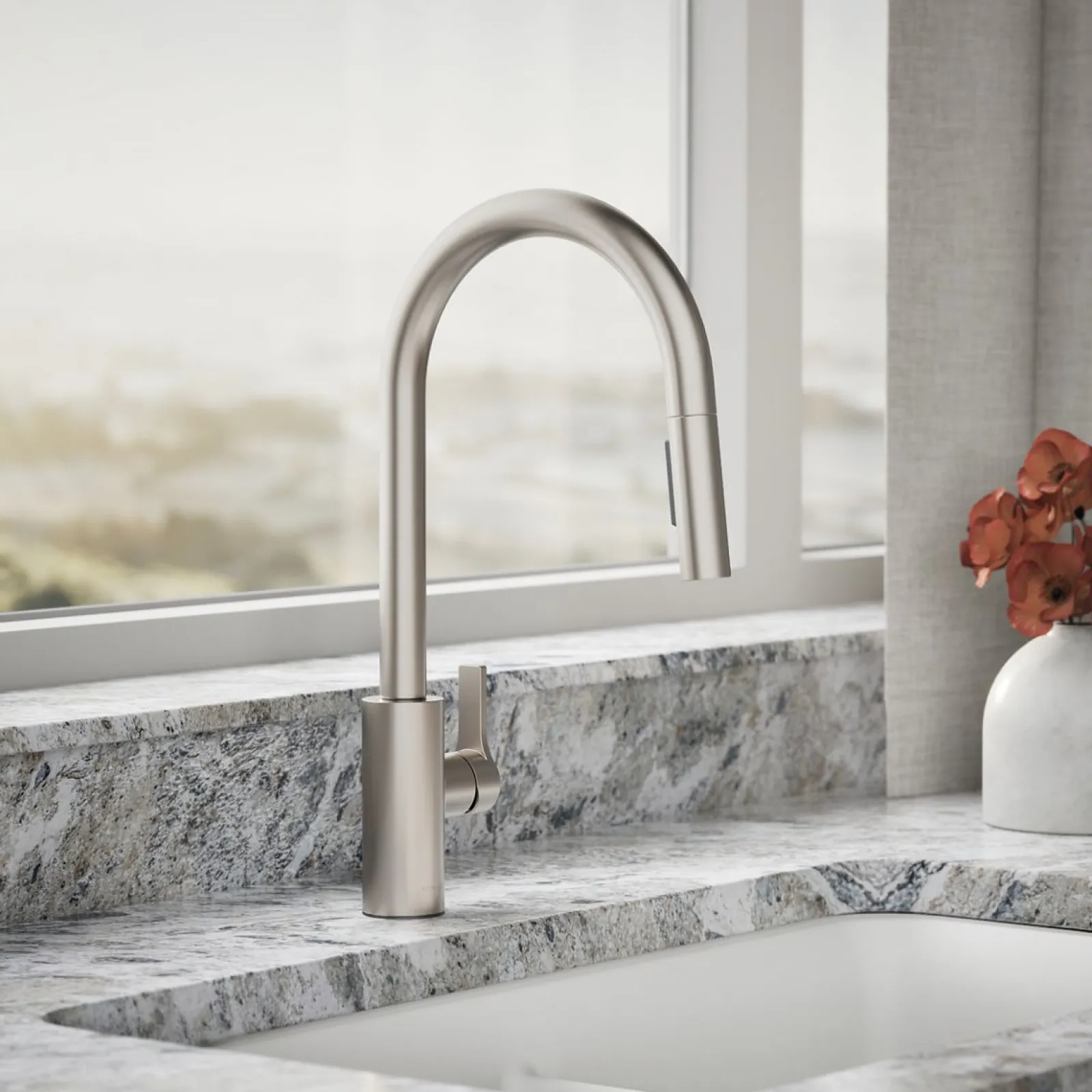 Pull-down kitchen sink faucet with two-function sprayhead^Kohler
