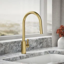 Pull-down kitchen sink faucet with two-function sprayhead^Kohler