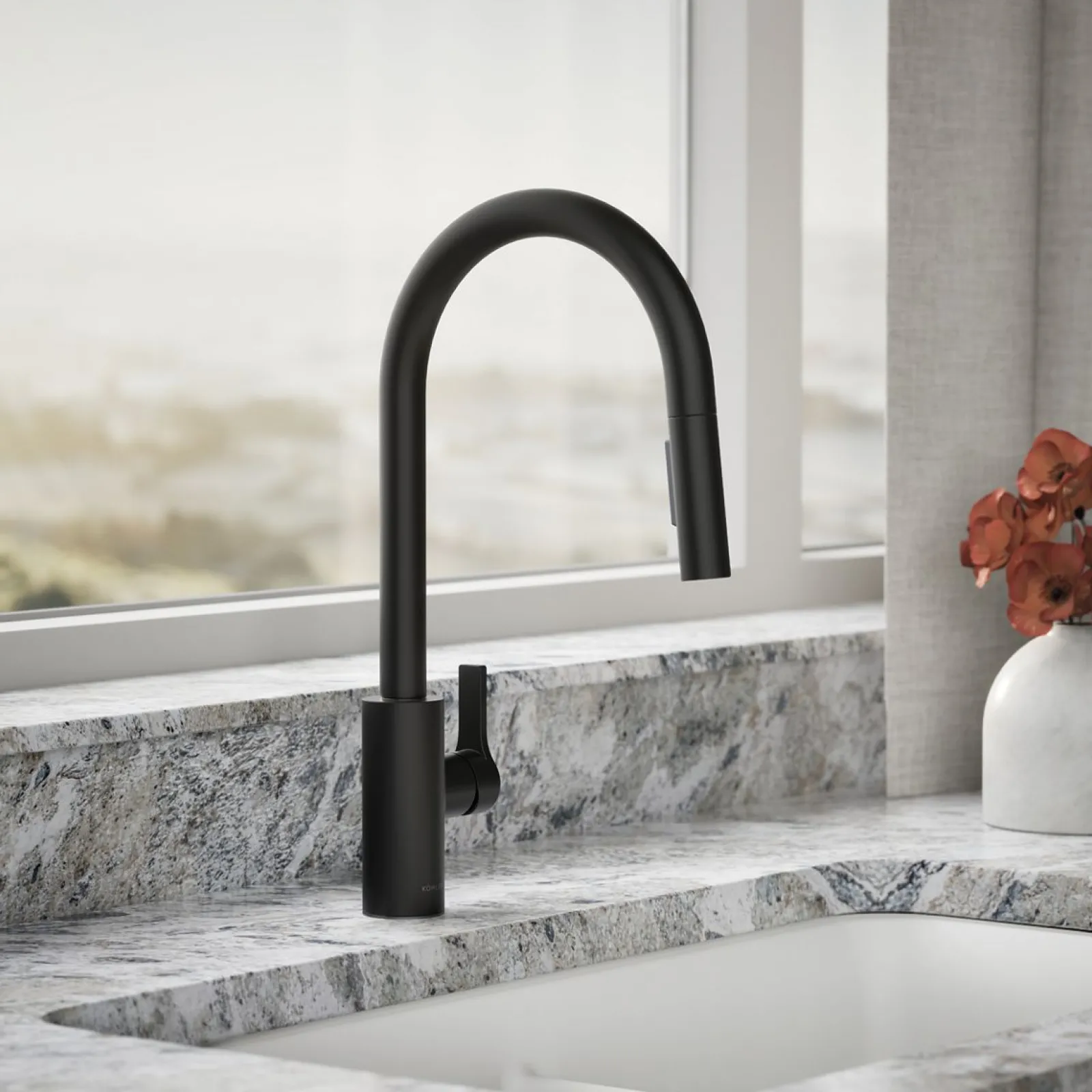 Pull-down kitchen sink faucet with two-function sprayhead^Kohler