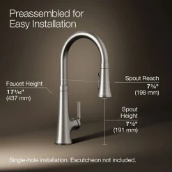 Pull-down kitchen sink faucet with three-function sprayhead^Kohler Hot