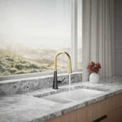 Pull-down kitchen sink faucet with three-function sprayhead^Kohler Hot