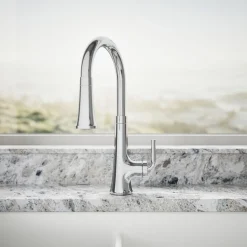 Pull-down kitchen sink faucet with three-function sprayhead^Kohler Hot
