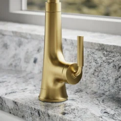 Pull-down kitchen sink faucet with three-function sprayhead^Kohler Hot