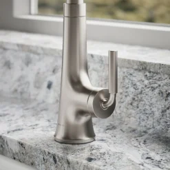 Pull-down kitchen sink faucet with three-function sprayhead^Kohler Hot