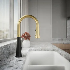 Pull-down kitchen sink faucet with three-function sprayhead^Kohler Hot