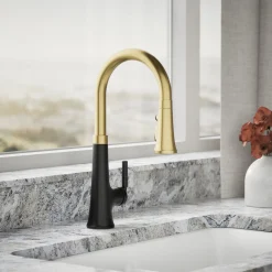Pull-down kitchen sink faucet with three-function sprayhead^Kohler Hot