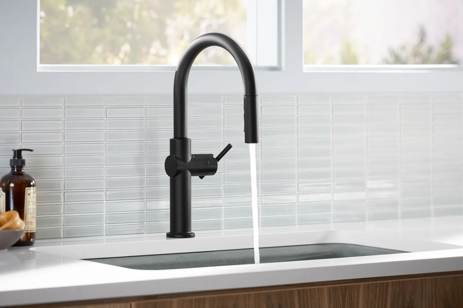 Pull-down kitchen sink faucet with three-function sprayhead^Kohler Discount