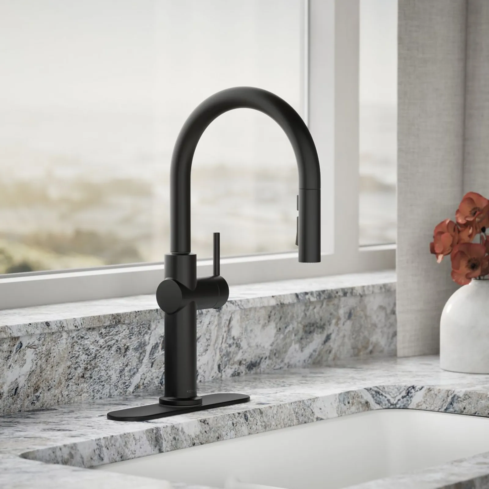 Pull-down kitchen sink faucet with three-function sprayhead^Kohler Discount