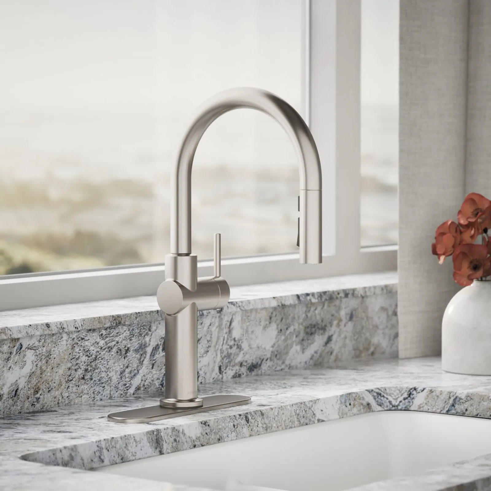 Pull-down kitchen sink faucet with three-function sprayhead^Kohler Discount